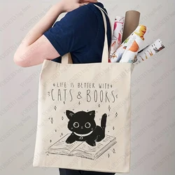 Life Is Better with Cat and Books Pattern Tote Bag Cat Lover Shopper Cute Handbags Kawali Kitty with Magic Books Shoulder Bag