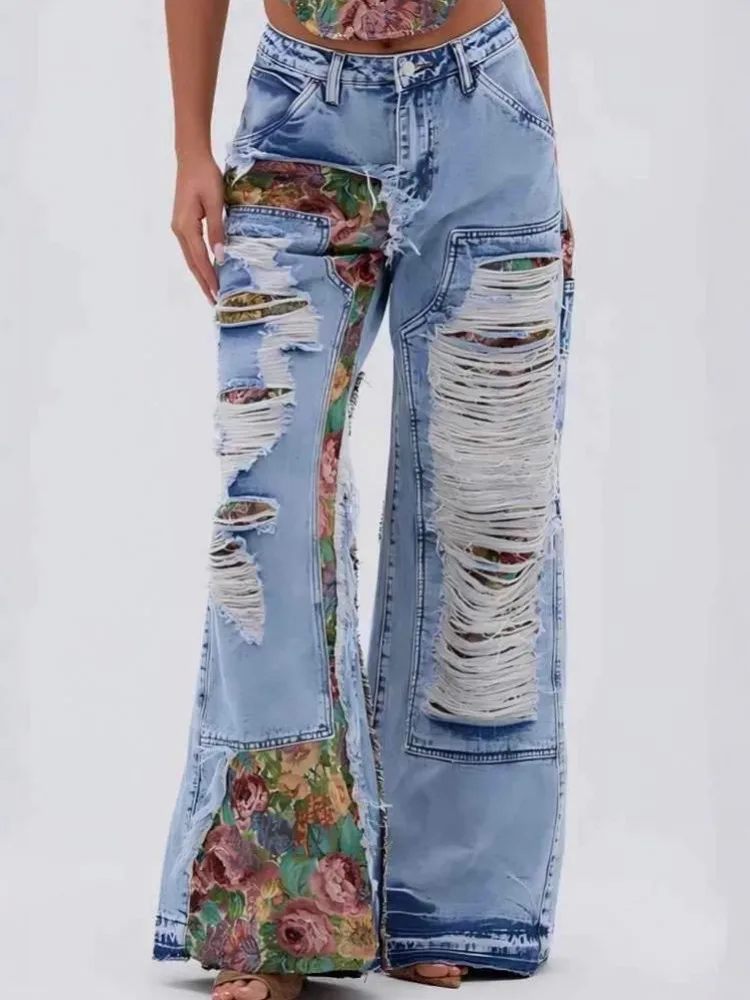 Vrouwen hoge taille wijde pijpen broek gat rechte broek lange jeans casual trendy broek 2025, herfst winter nieuwe denim broek
