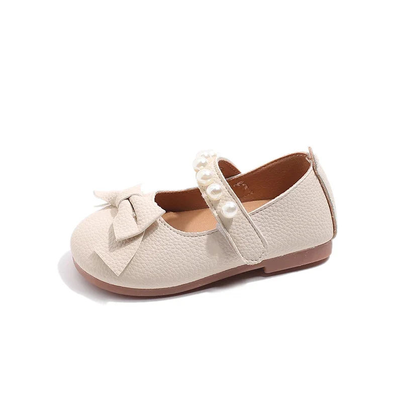 Soft PU Leather Mary Janes Shoes para crianças, Apartamentos com pérolas, Frisado com nó de borboleta, Vestido de festa fofo, Crianças e bebês