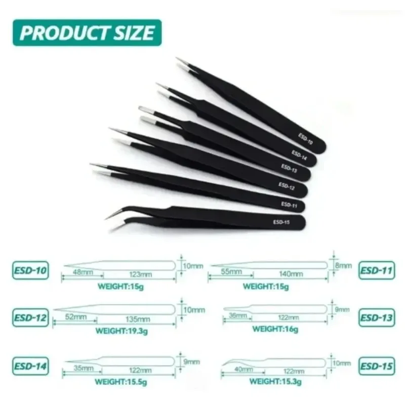 

6pcs Precision Tweezers Set Anti-Static ESD Stainless Steel Electronics Repair Soldering Craft Tools