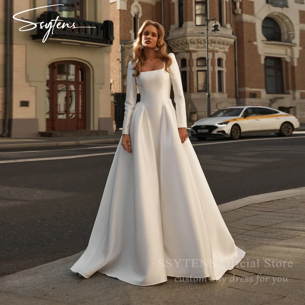 SSYTENS Abiti da sposa a-line da donna Lussuoso abito da sposa in raso a maniche lunghe Principessa Abiti da ballo di nozze 2026 Personalizzato