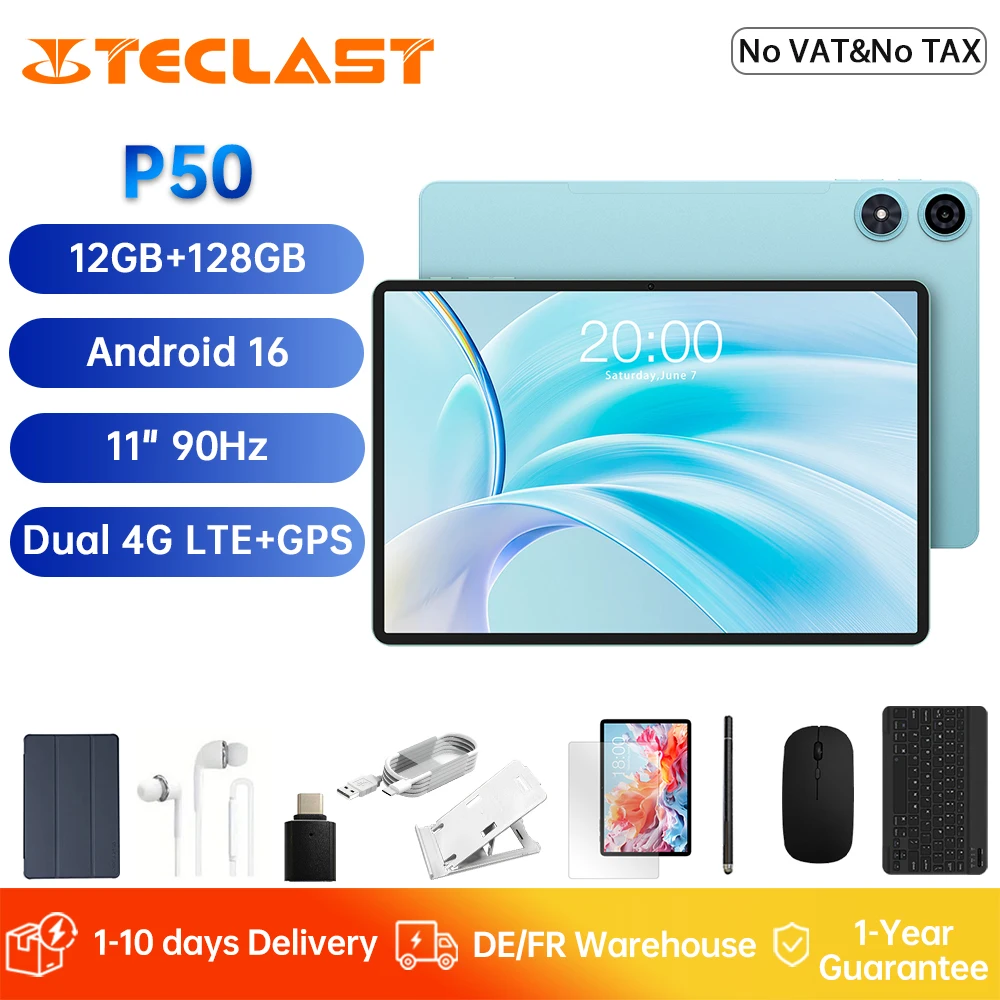 Tablet Teclast P50 de 11 Pulgadas, Android 16, Pantalla de 90Hz, T606 de 8 Núcleos, 12GB de RAM (4GB+8GB), 128GB de ROM, 4G LTE, GPS, WiFi, BT5.0, 7000mAh, Tipo-C