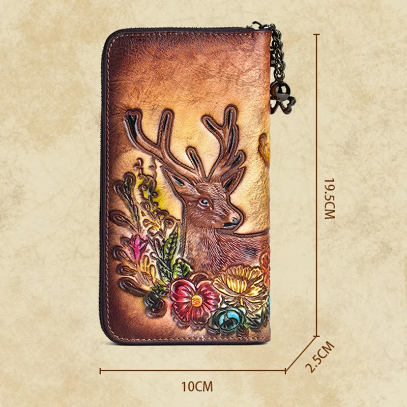 MOTAORA Vintage Women Long Wallets Deer Pattern Bag 2024 Genuine Leather Handmade Embossing Ladies Wallet Phone Bags Woman Purse