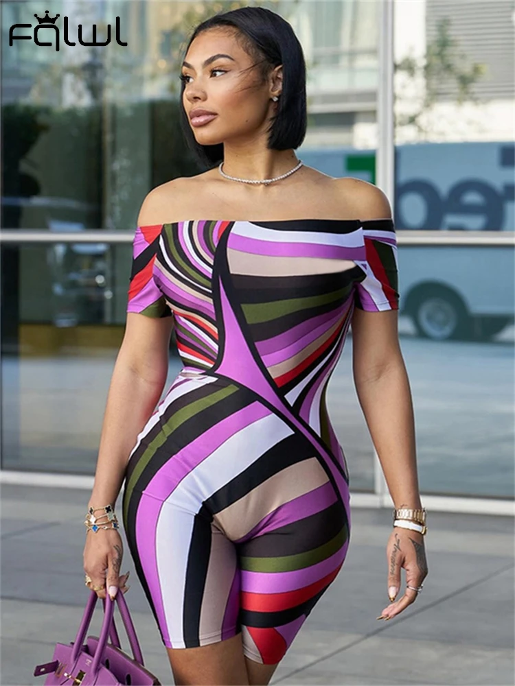 

Habbris Summer Stripe Short Sleeve Bodycon Rompers Concert Party Outfit Women 2024Colourful Print Off Shoulder Backless Jumpsuit