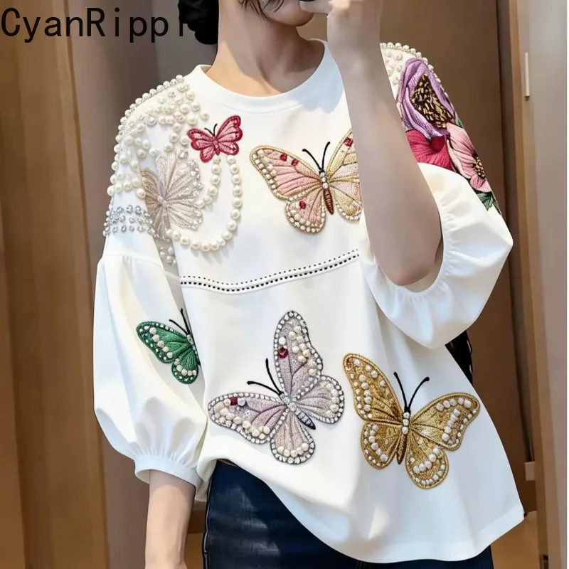 Elegant Lantern Sleeve White Women Shirts All-match New Spring Summer Beading Butterfly Round Neck Pullover Top Casual Basic Tee