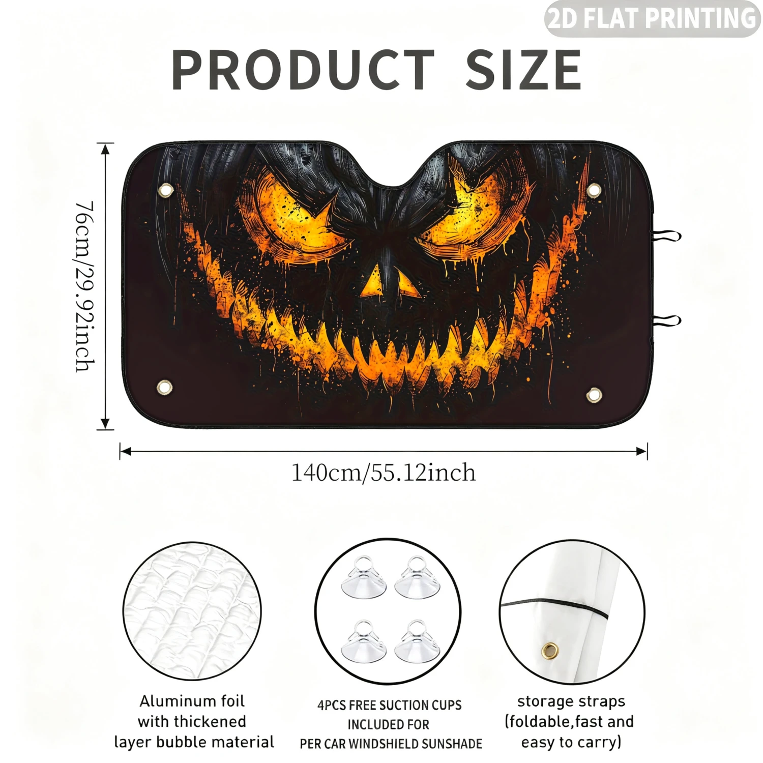 1pc Universal Car Windshield Sunshade, With Scary Pumpkin Face Design Print 2D FLAT Printing Design, A Sunshade With 4 Suction