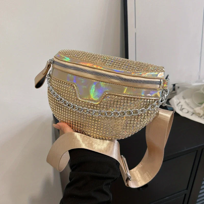 Fashion Women Waist Packs Punk Bum Glitter Fanny Pack Travel Crossbody Chest Phone Pouch Hip Belt Bag Rhinestone Waist Bag