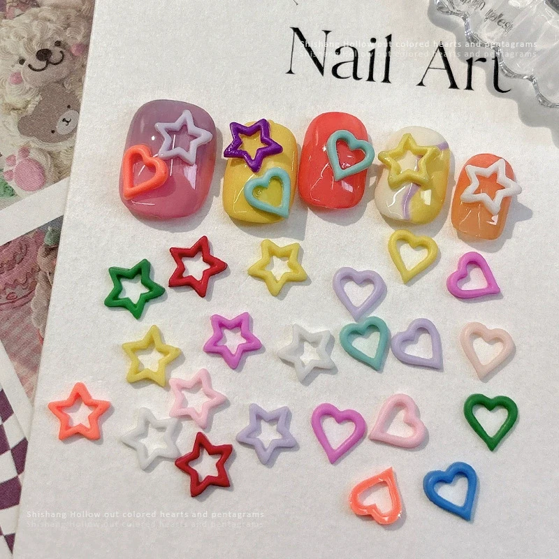 50 stuks Macaron Hollow Love Star Nail Art Charms 3D Gemengde Hars Leuke Liefde Hart Ster Kawaii Bulk Manicure Decoratie Onderdelen Accesso