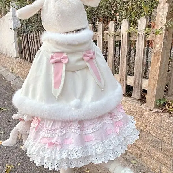 Japanese Soft Girls Cute Rabbit Ears Hooded Cloak Winter New 2025 Women's Sweet Cute Warm Short Jacket Y2K Lolita Capes Ponchos