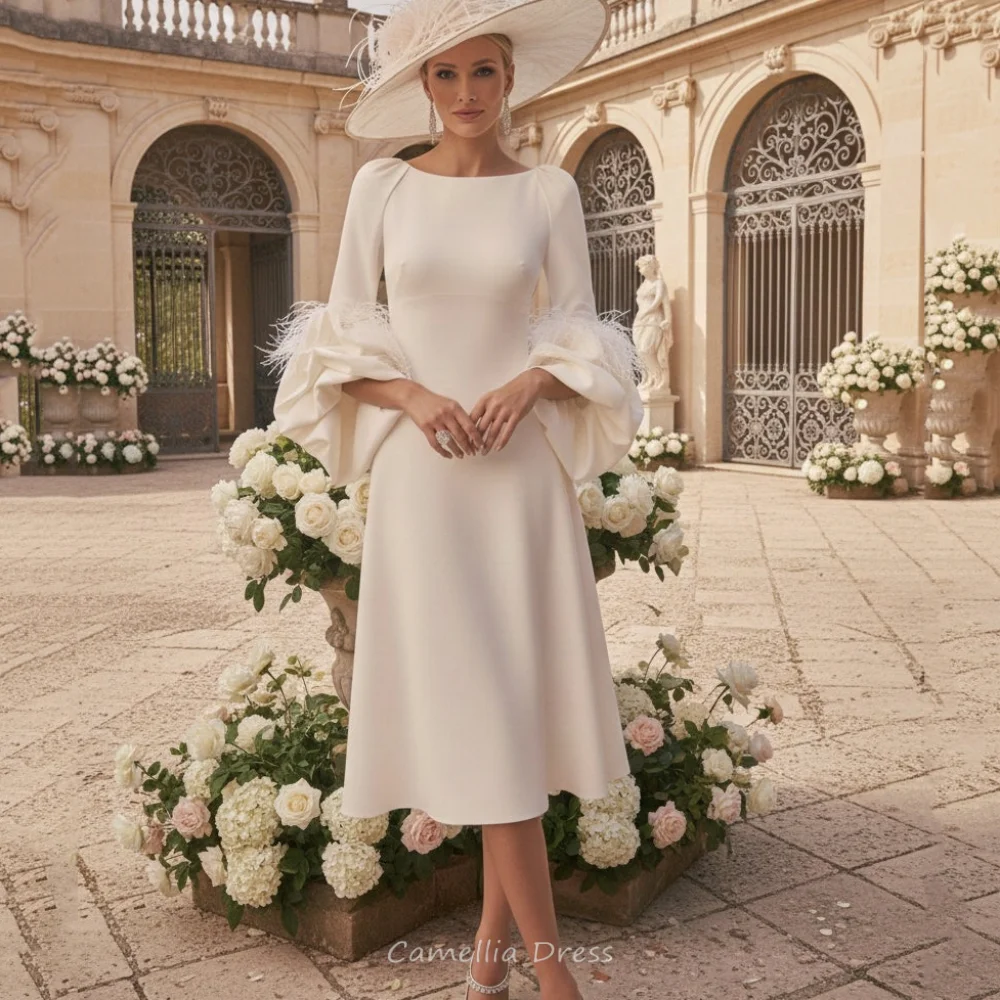 

Свадебное платье для матери невесты, индивидуальный пошив, фасон А-силуэт, с перьями, элегантное, из эластичной ткани (4-way stretch), вечернее платье для гостей на свадьбу