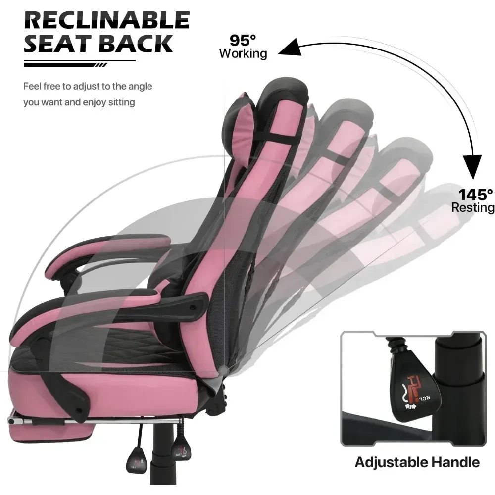 Ergonomic gaming chair with retractable ottoman and removable lumbar support, PU leather, headrest