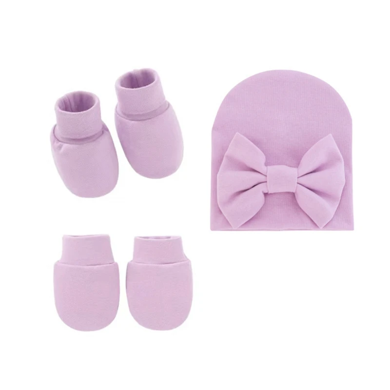 Baby Bowknot Hat No Scratch Gloves Foot Cover Set Infants Soft Cotton Mittens D5QA