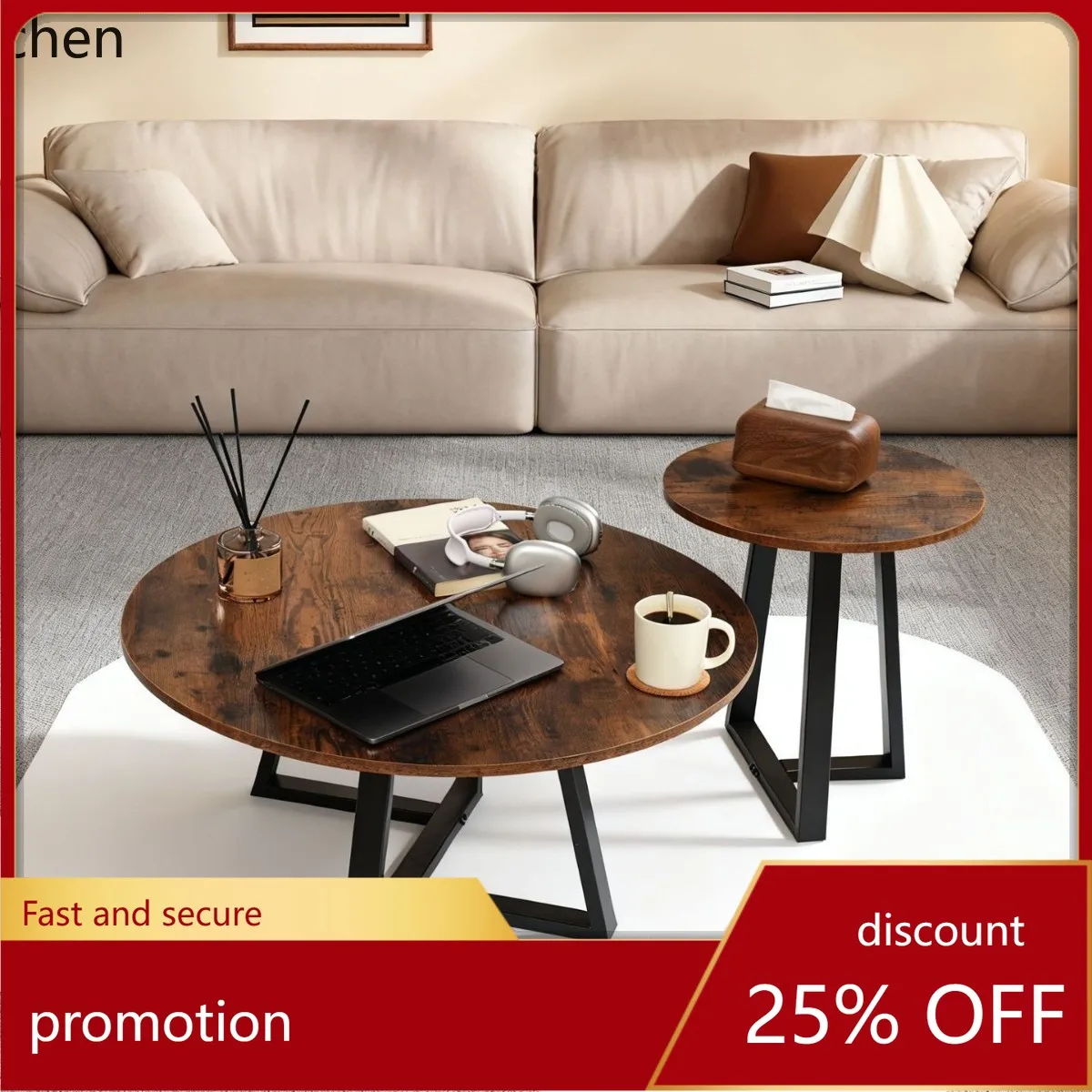 

HXL Steel and Wood Coffee Table Living Room Home Round Coffee Table Set Bedroom