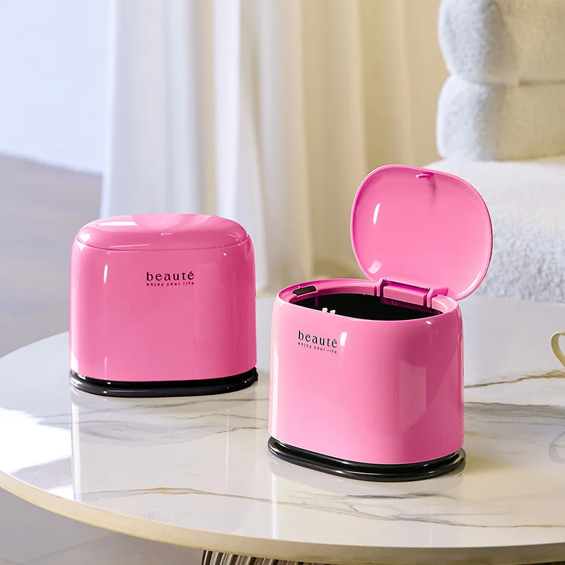 Push-Button Desktop Trash Bin Waterproof Moisture-Resistant Design with Lid Compact Portable Space Saving Home Office Equipment