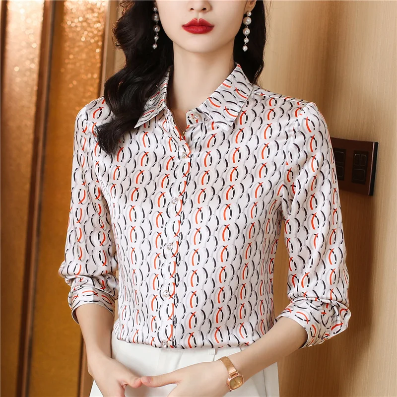 

Fashion Satin Silk Shirt Women Spring New Turn-Down Collar Design Sense Plaid Mu