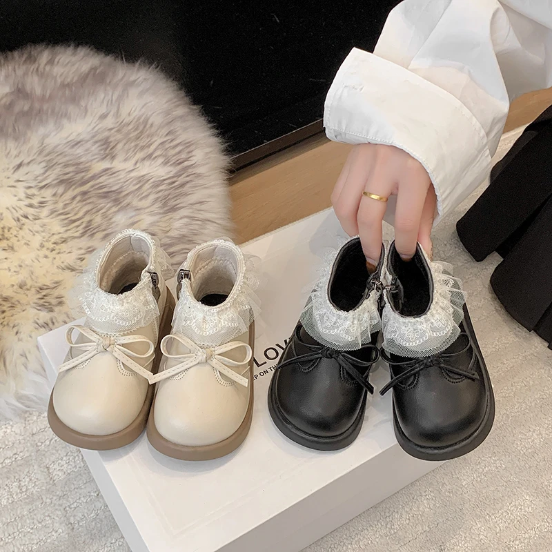 

Kids Ankle Boots Sweet Lace Soft Bottom Cute Girls Leather Boots with Simple Bowknots 2025 Autumn Winter Children Short Boots