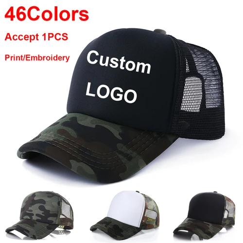 Gorra de béisbol con logotipo personalizado para adultos y niños, sombrero de camionero de poliéster, malla en blanco, 46 colores