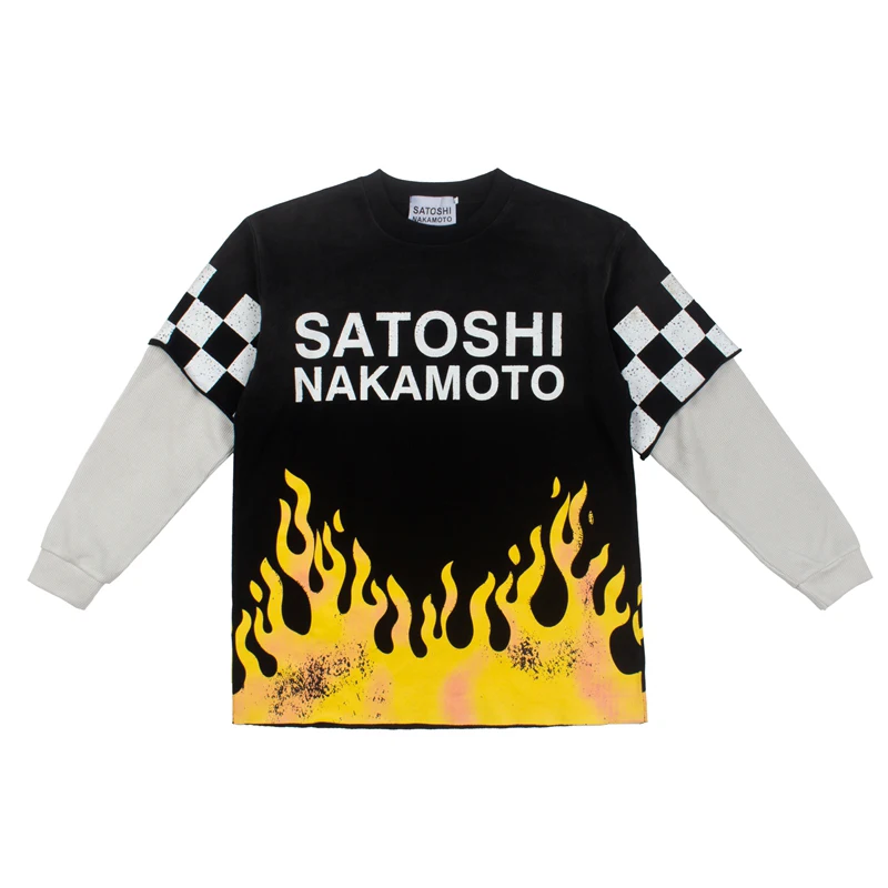 Fashion Patchwork Satoshi Nakamoto Long Sleeve Tee Men Women Loose Flame Print Washed Old T-shirt Tops