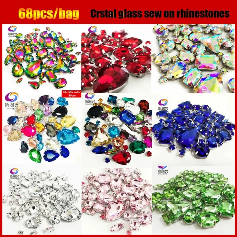 Shiny Mix Glass Crystals Sew On Stones, Sewing Accessories, Loose Rhinestones for DIY Clothes and Wedding Decoration, 68 PCs/Bag