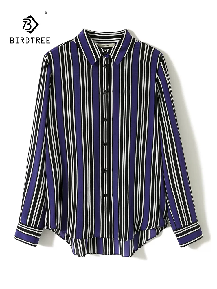 

Birdtree, 100%Mulberry Silk Elegant Shirt, Women Lapel Long Sleeve Striped, Retro Commute Classical Blouse, 2024 Summer T45329QC