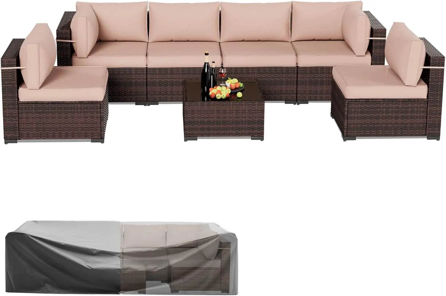 Outdoor Patio Furniture Set 7 Pieces Patio Conversation Set Sectional Couch Sofa with All-Weather Cover, Glass Table