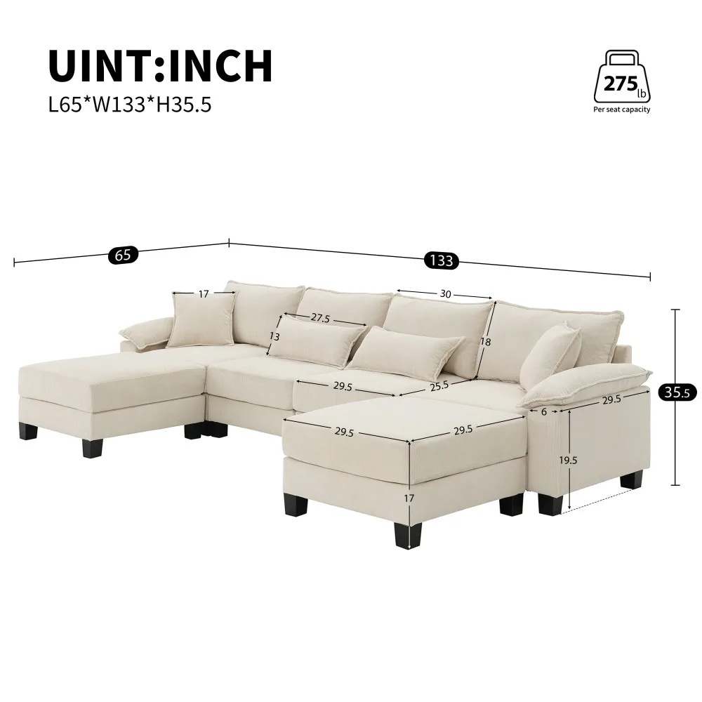 Wide Seat Corduroy Modular Sectional Sofa Bed, 6-Seat Sleeper with Armrest Pillow & Ottomans, Free Combination Couch