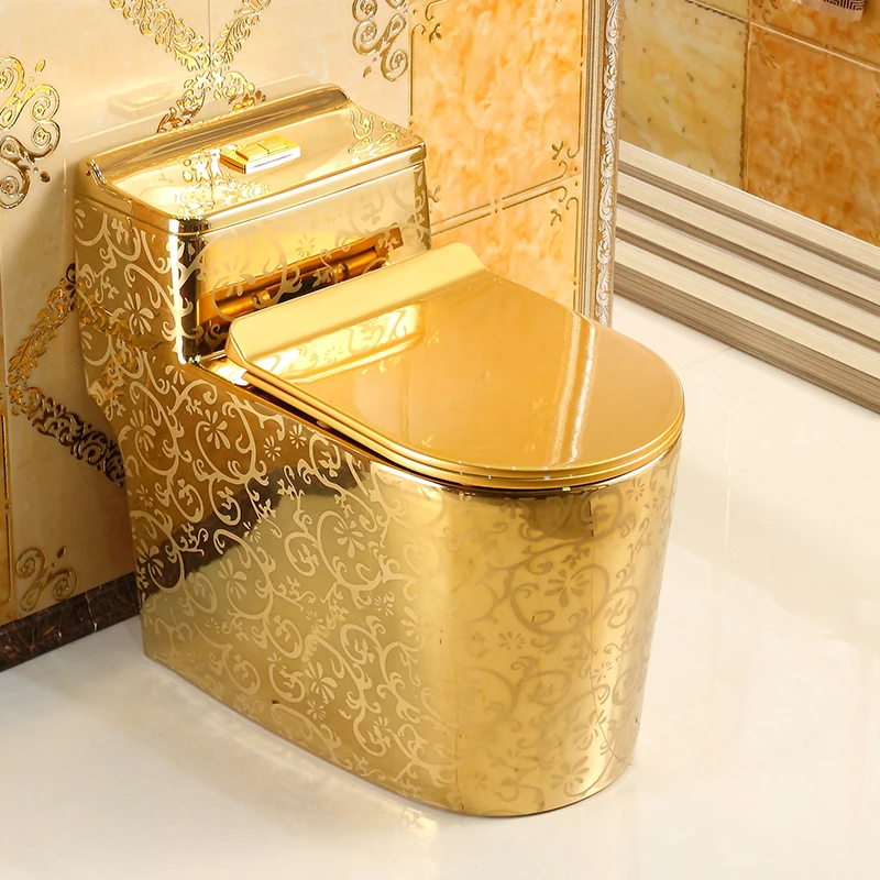 Home creative flush toilet with golden pattern, super vortex siphon suction water-saving and odorproof color toilet