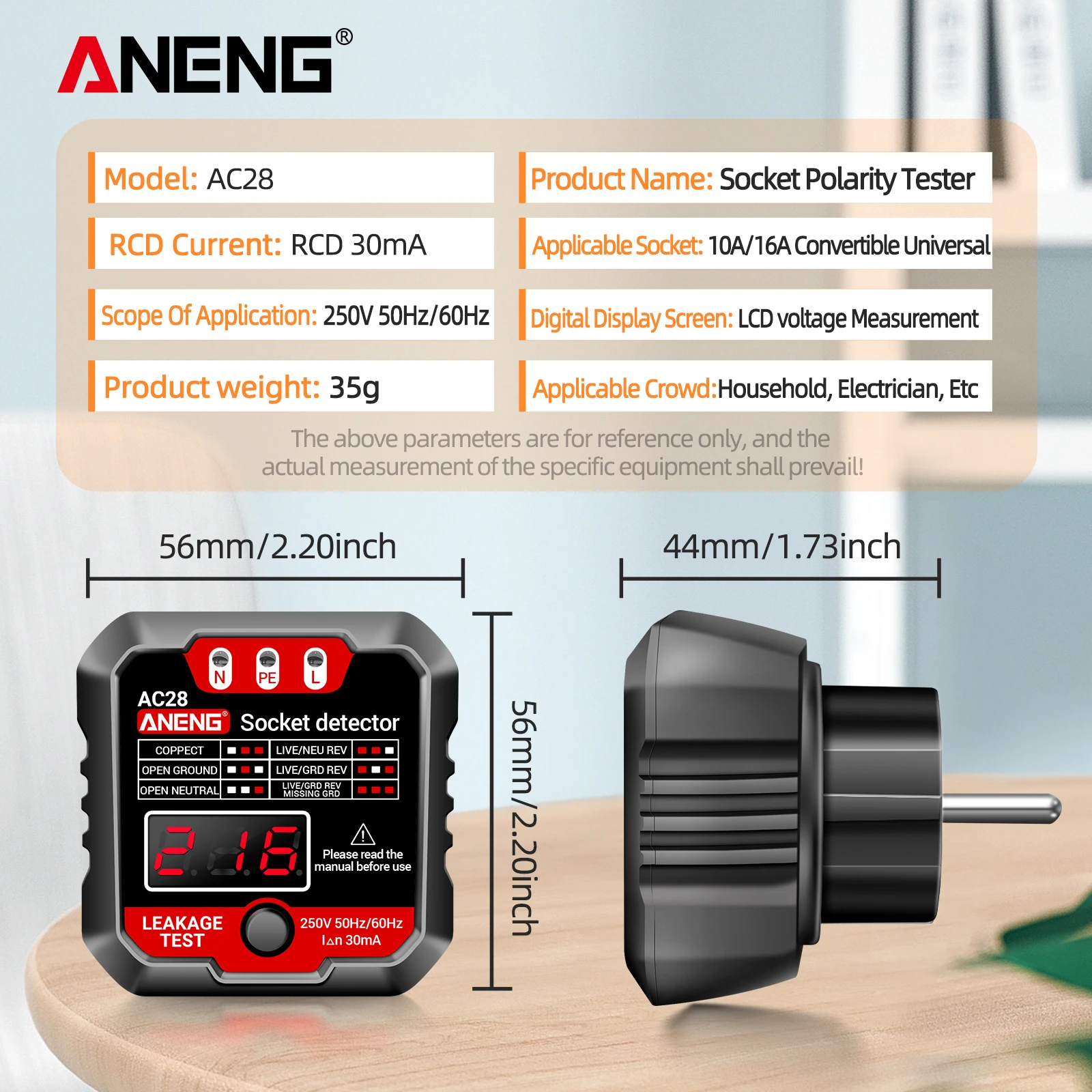 ANENG Outlet Tester Receptacle Detector with Voltage LCD Display 250V Power Socket Checker Automatic Circuit Tester Polarity Vol