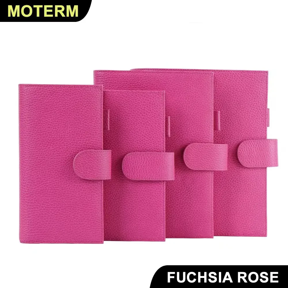 Moterm Firm Pebbled Grain Leather Fuchsia Rose Color Genuine Cowhide Planner Rings Notebook Cover Diary Agenda Organizer Journey