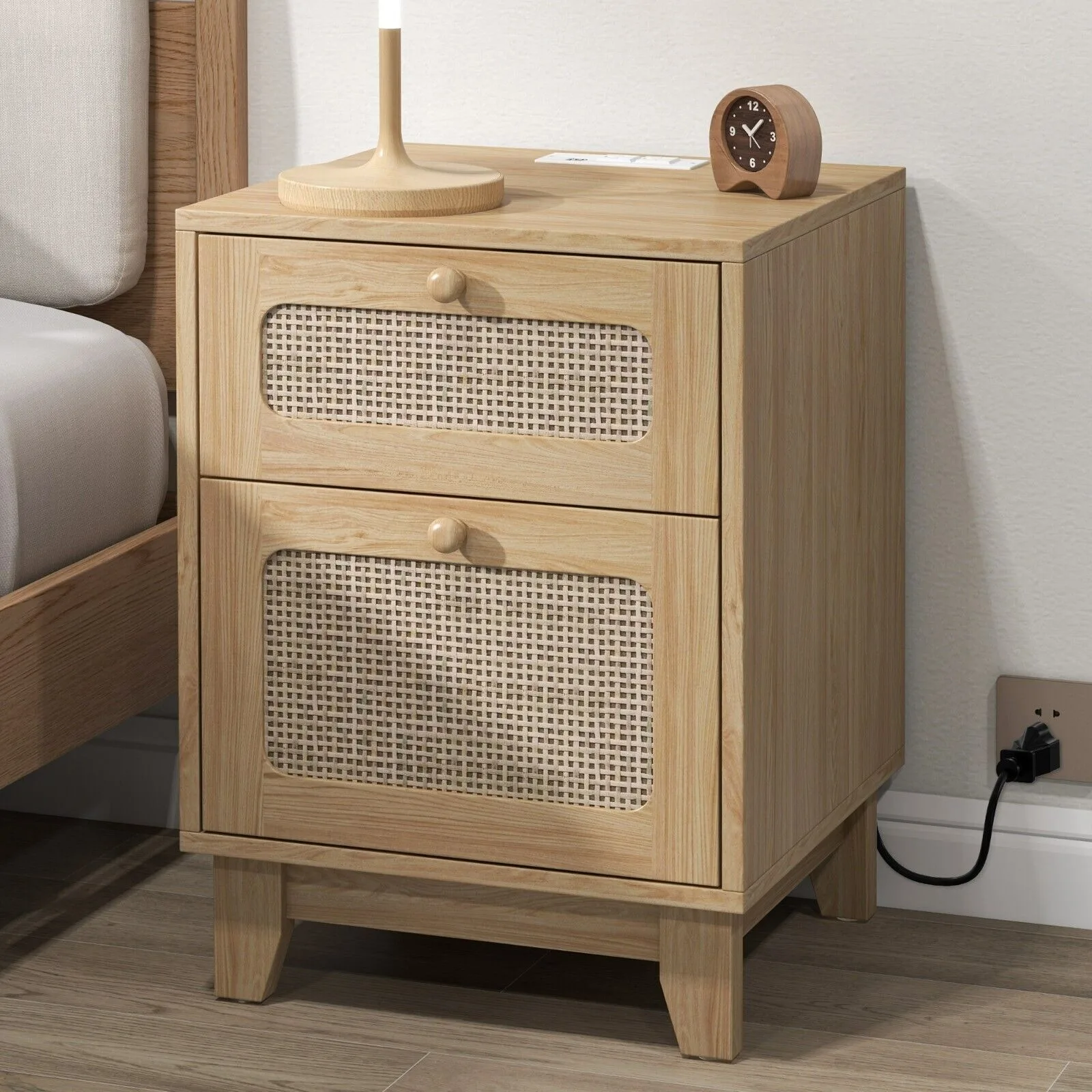 

US Nightstand Rattan Bedside End Table with Charge Station Storage Drawer/Cabinet