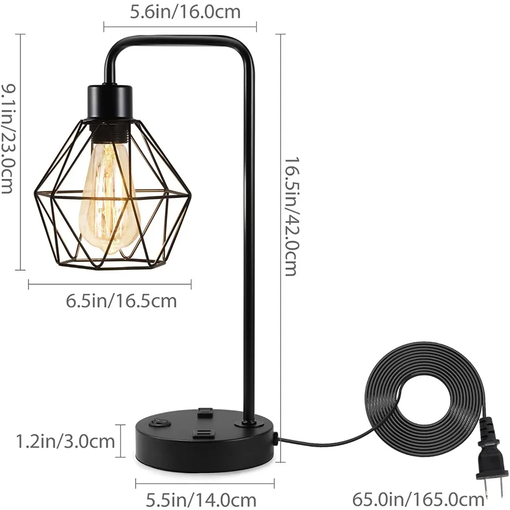 2x مصباح مكتبي صناعي عتيق مصباح طاولة بجانب السرير اديسون 2 منافذ USB مخرج تيار متردد