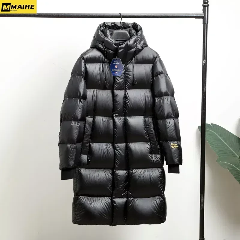 Casaco longo à prova de frio masculino, 90% jaqueta Goose Down, casaco com capuz quente, unissex, leve, luxo, preto, dourado,-30 ℃, inverno