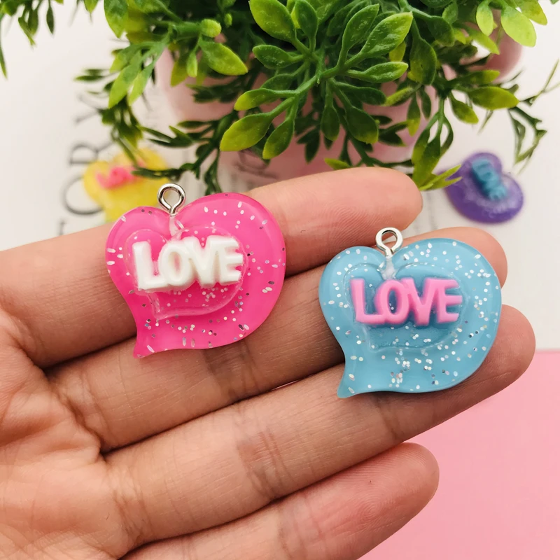 10pcs Resin Cute Kawaii Glitter Love Heart Charm for Earring, Scrapbooking, DIY Making, Necklace, Embellishment, Bracelet