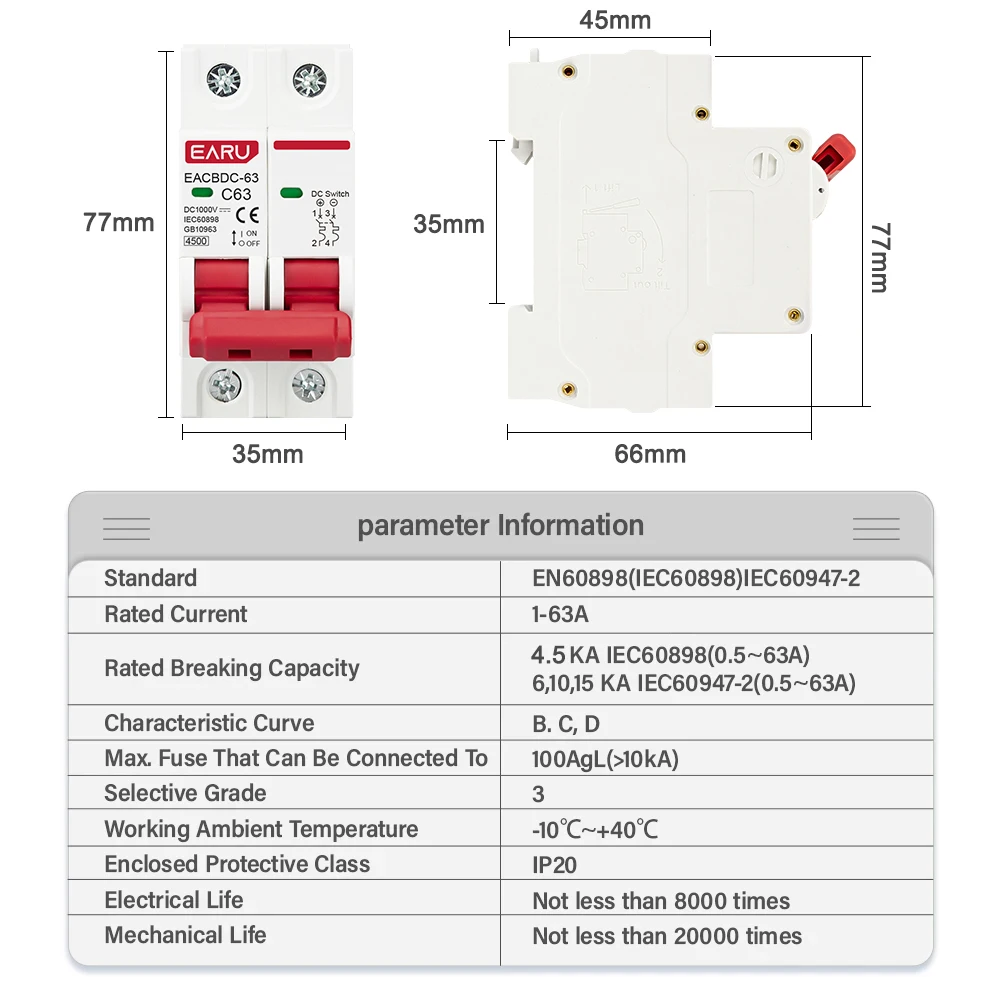 DC 1000V Solar Mini Circuit Breaker Overload Protection Switch 6A/10A/16A/20A/25A/32A/40A/50A/63A 2P DC1000V Photovoltaic MCB PV