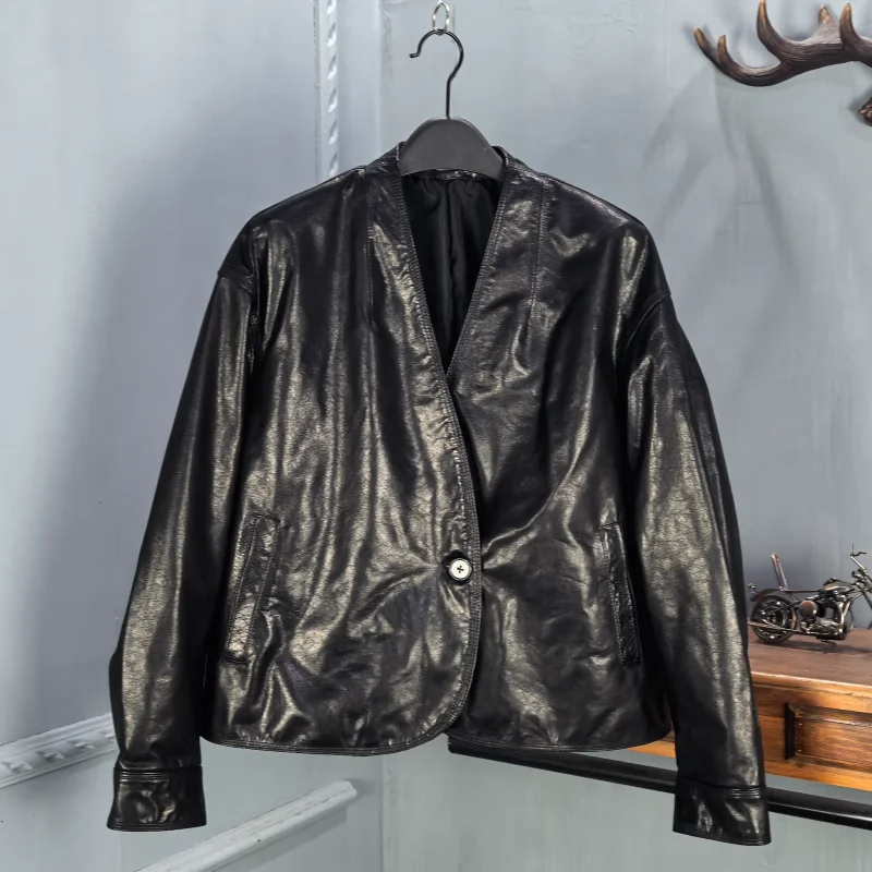 

Faionable Retro ort Oil Wax Cowhide Leather Jaet Women's Spring 2026 New Sle No Collar Leather Coat Youth Size