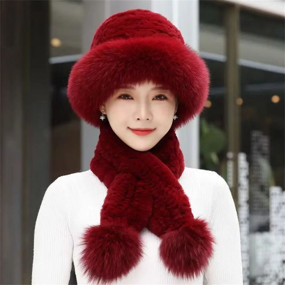 

Women Girl Winter Rex Rabbit Fur Hat Cold Protection Warmth Cold Hat Thickened Scarf Hat