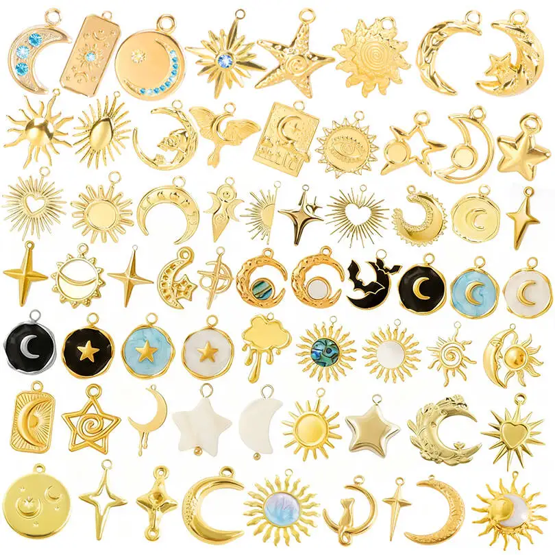 5pcs Fashion Real Gold Plated Sun Star Moon Gold Color Enamel/Natural Pearl Shell  Pendant Assorted Stainless Steel Chic Charms
