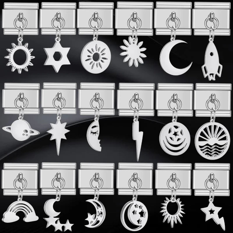 Italian Charm Tassels Flame Sun Star Link Moon Lightning Pendant Stainless Steel Bracelets Kit Links Fit 9mm Jewelry DIY Making