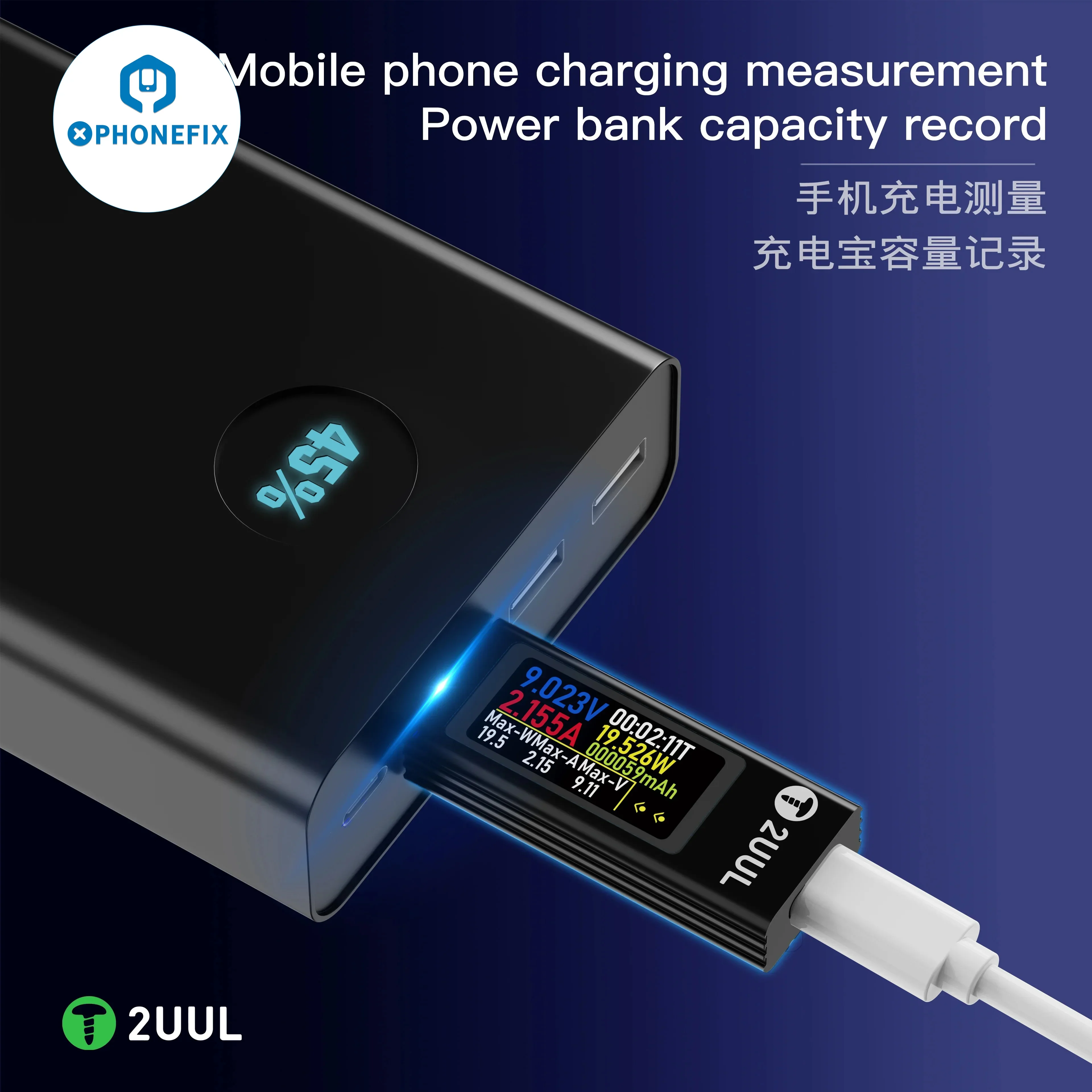 Mini Detector de carga Mate USB-C, detección de corriente bidireccional, medición de carga para portátiles iPhone, iPad, 2ul