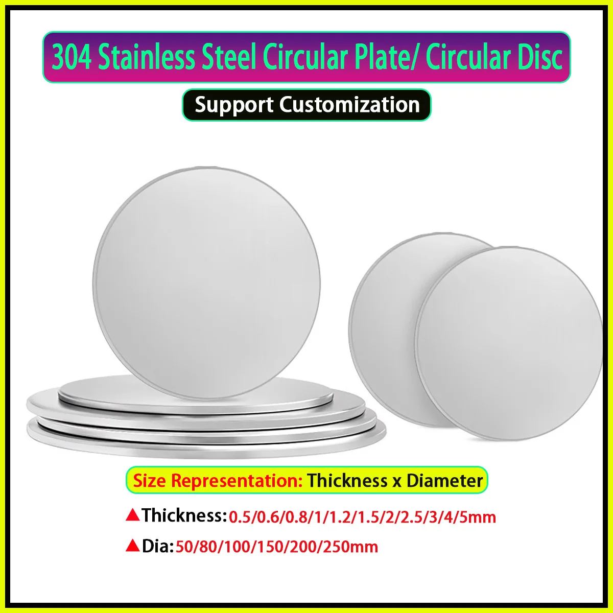 304 Stainless Steel Round Plate Disc / Circular Steel Sheet Round DiskThk 0.5/1/1.5/2/2.5/3/4/5mm Dia 50-250mm