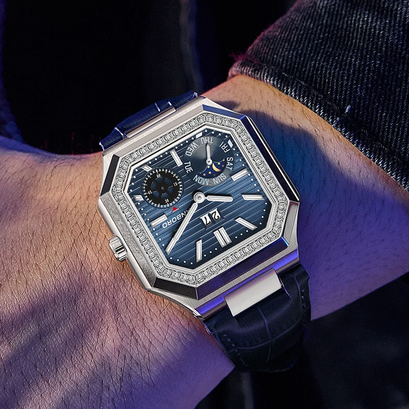 هانبورو ساعة أوتوماتيكية للرجال 38.5 ملم ساعة يد ميكانيكية مربعة 5ATM مقاومة للماء مضيئة الياقوت شنغهاي JHS17 تاريخ الأسبوع #5