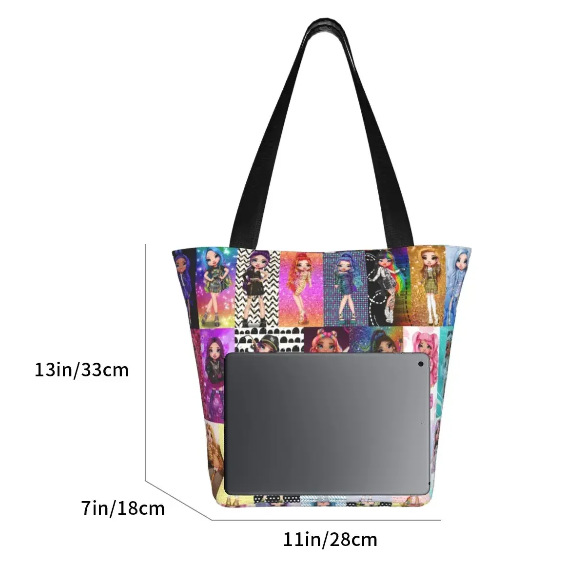 Fashion Printed Rainbow High Collage Tote Shopping Bag Recycling Canvas Shopper Shoulder Cartoon Anime Handbag