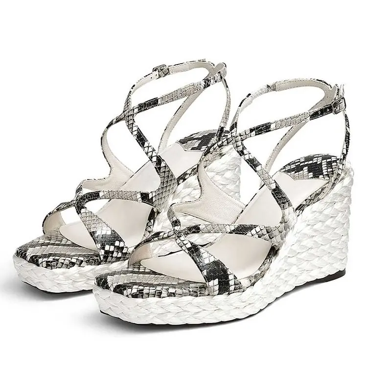 

Gray & White Square Toe Snakeskin Straps Wedge Heel Platform Sandals