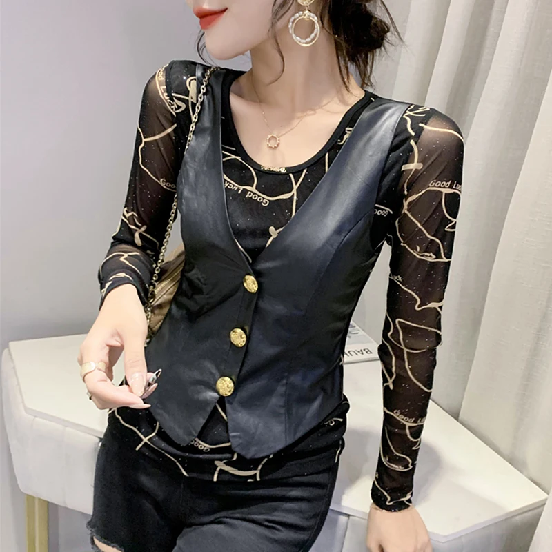 Faionable Long Sve Base irt femmes Sle automne saison Version coréenne coupe ajustée v-ne motif tissu Polyester créatif