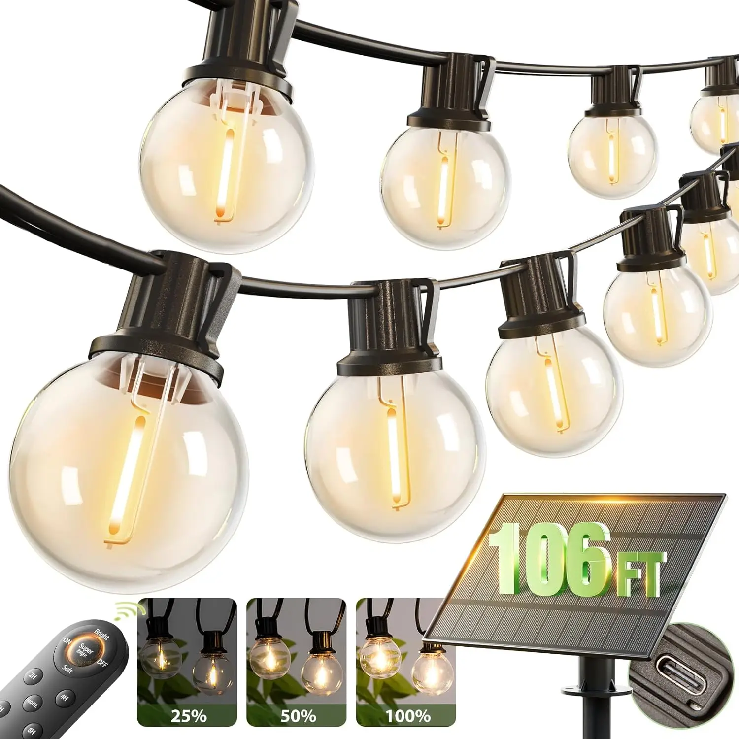 

54 Shatterproof G40 Bulbs Solar String Lights with Remote, Dimmable Waterproof Outdoor Lighting for Garden Backyard Party Decor