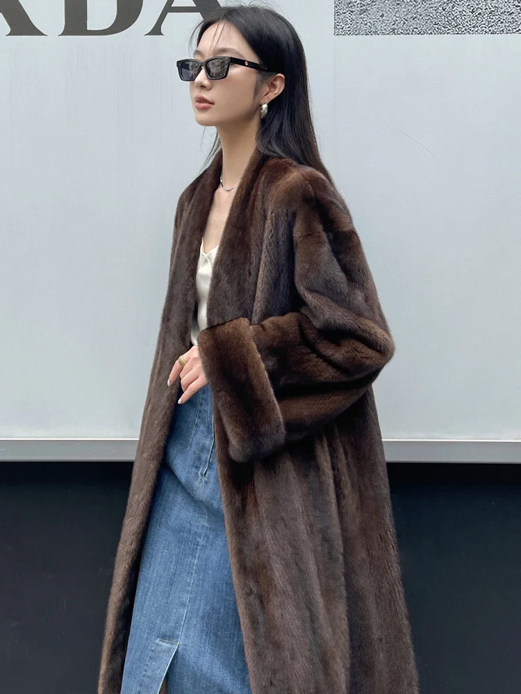 NBFENFA Winter Long Vintage Elegant Luxury Chic Thick Warm Soft Brown Fluffy Faux Mink Fur Coat Women V Neck Furry Overcoat 2024