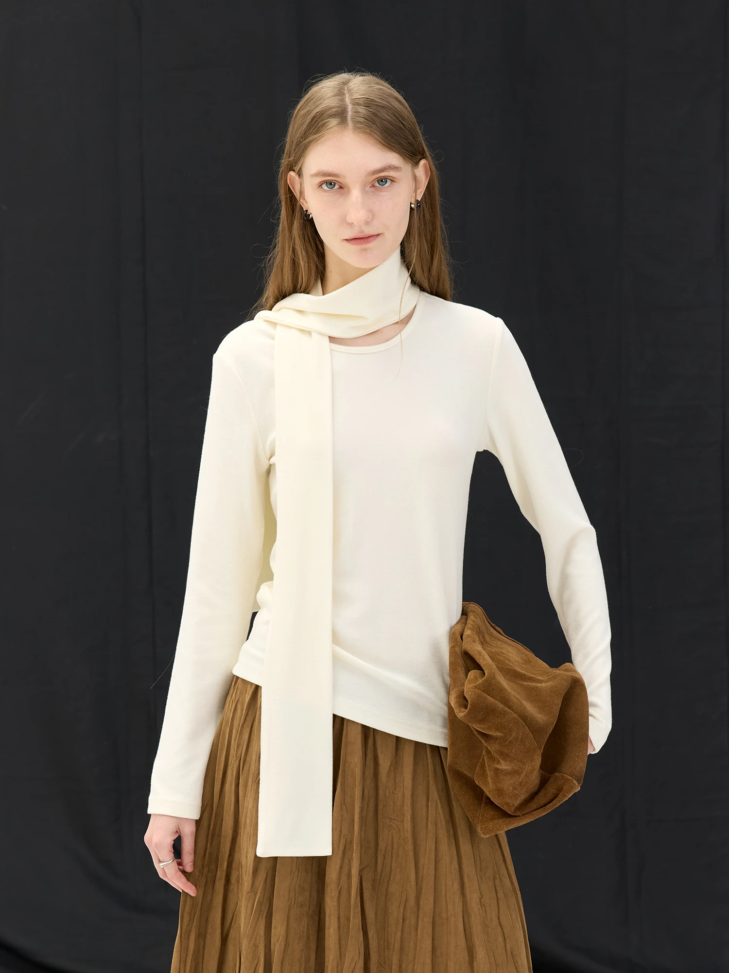 

Cmon Pure Color Wool Blend Base irt Женский осенне-зимний драпированный дизайн Универсальный топ, теплый трикотаж стандартной посадки...