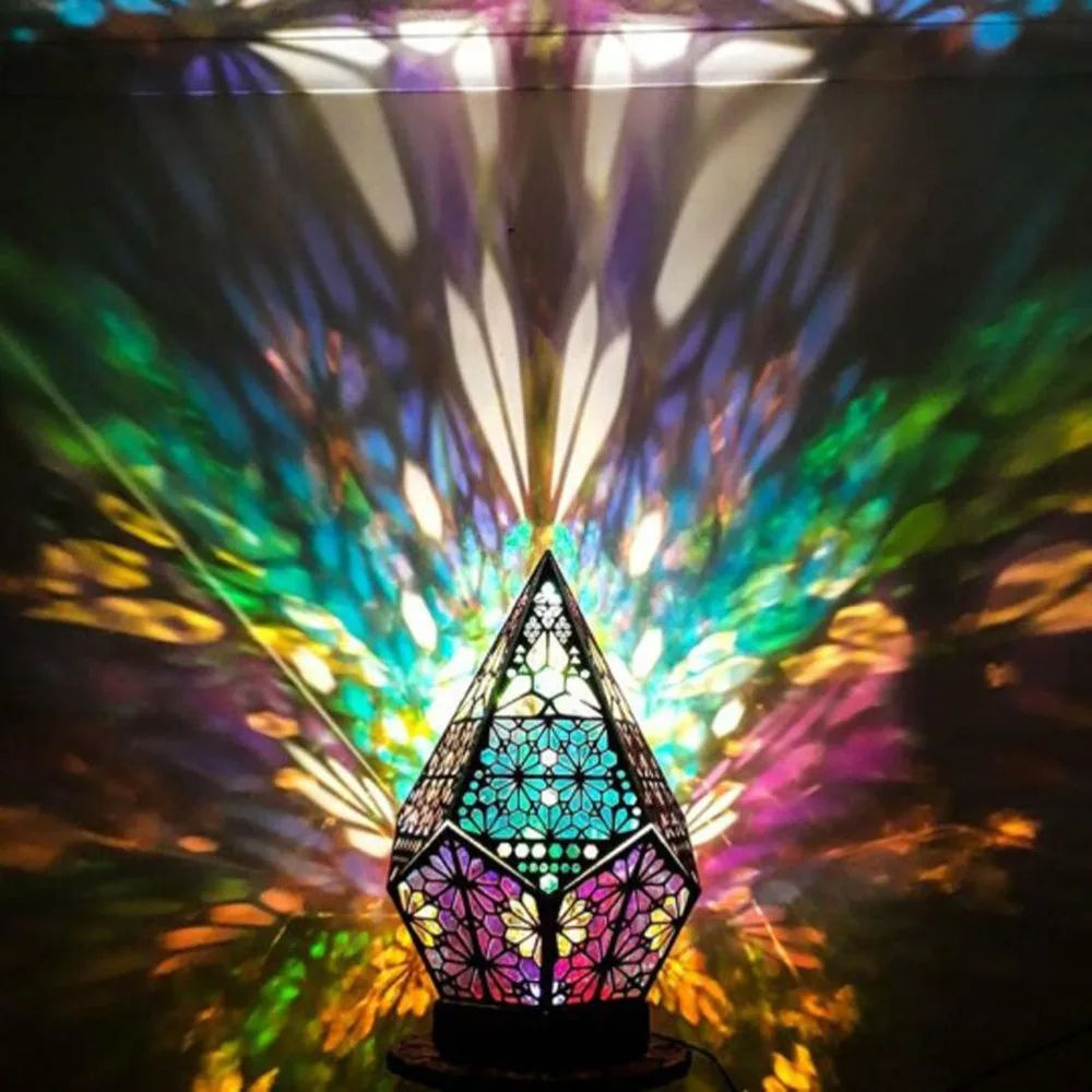 Wooden Hollow LED Projection Lamp Bohemian Design Colorful Projector Desk Night Light Bedside Use Projection Night Lamp