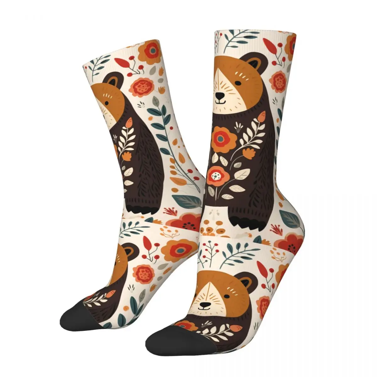 Śmieszne szczęśliwe skarpetki dla mężczyzn Art Bear Vintage Scandinavian folk Pattern Printed Crew Sock