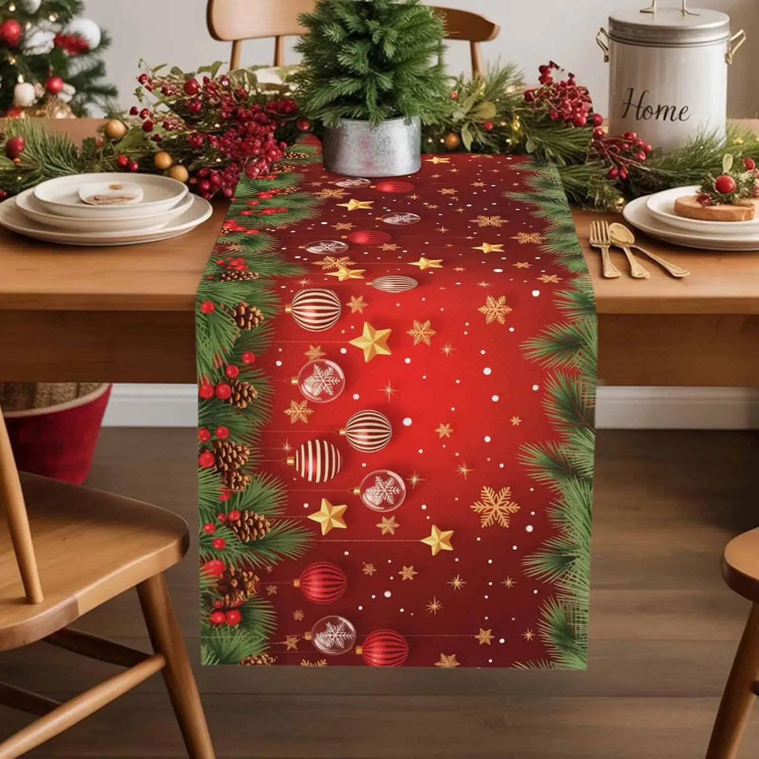

Christmas Trees Xmas Ball Snowflake Red Linen Table Runner Party Decor Winter Kitchen Dining Table Runners Christmas Decorations